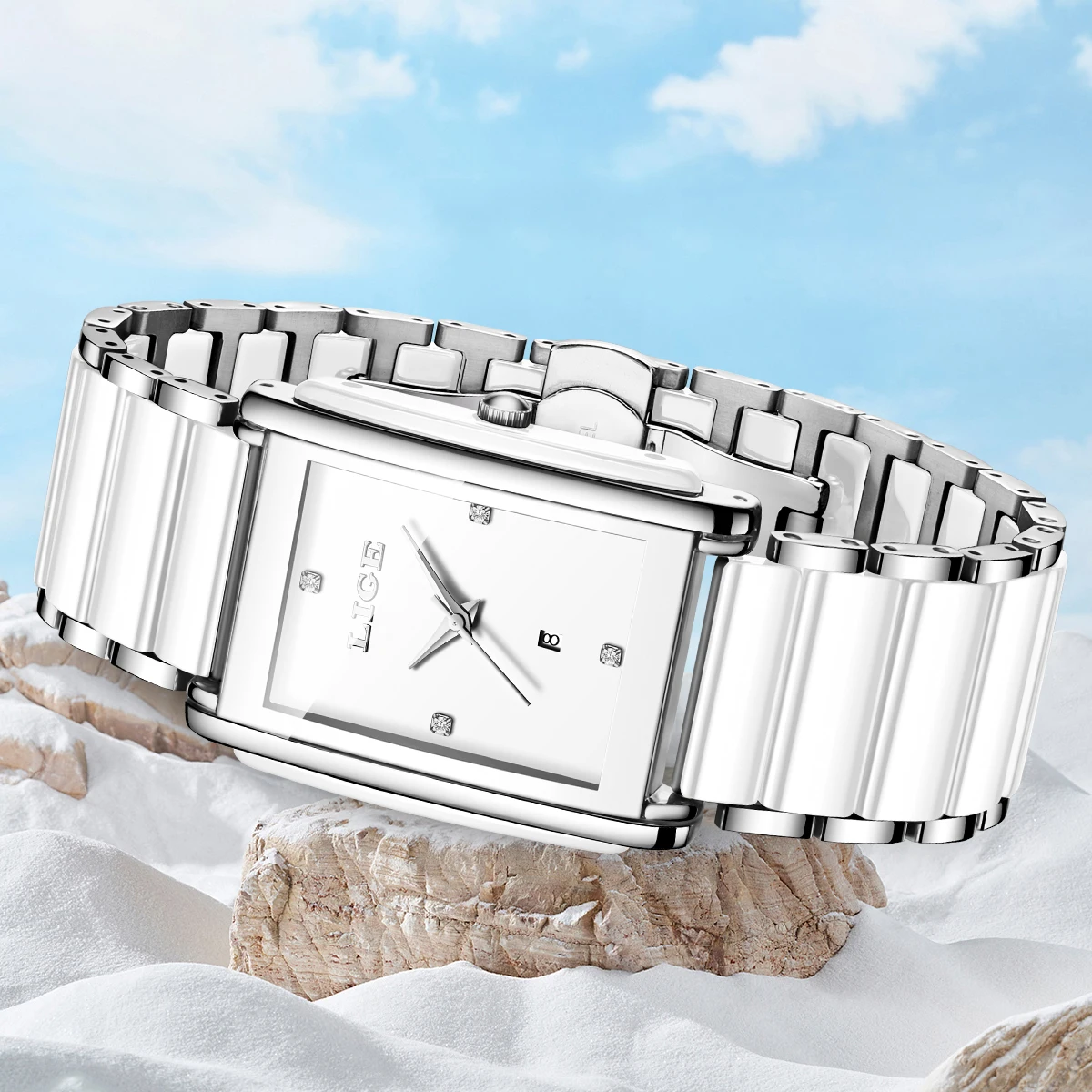 LIGE 2026 Square Watches for Women Simple Elegant Diamond Ceramics Strap Luxury Ladies Bracelet Quartz Watches Gifts Reloj Mujer