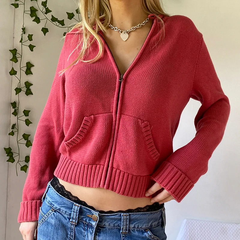 Women’s Full Zip Knit Hoodies Casual Sweaters Solid Color Long Sleeve Drawstring Sweatshirts Cardigan Zip-up Clothing Y2K