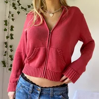 Women’s Full Zip Knit Hoodies Casual Sweaters Solid Color Long Sleeve Drawstring Sweatshirts Cardigan Zip-up Clothing Y2K - Image 4