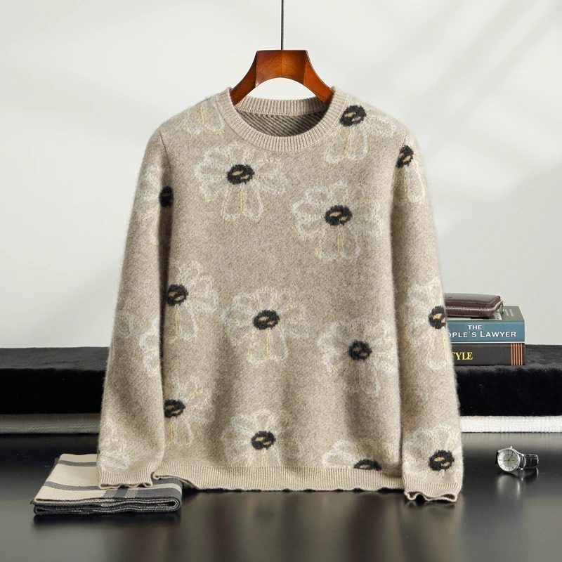 

New Chic Men's 100% Cashmere Jacquard Sweater O-neck Pullover Thick Soft Warm Cashmere Knitwear Autumn Winter Casual Jumpers Top