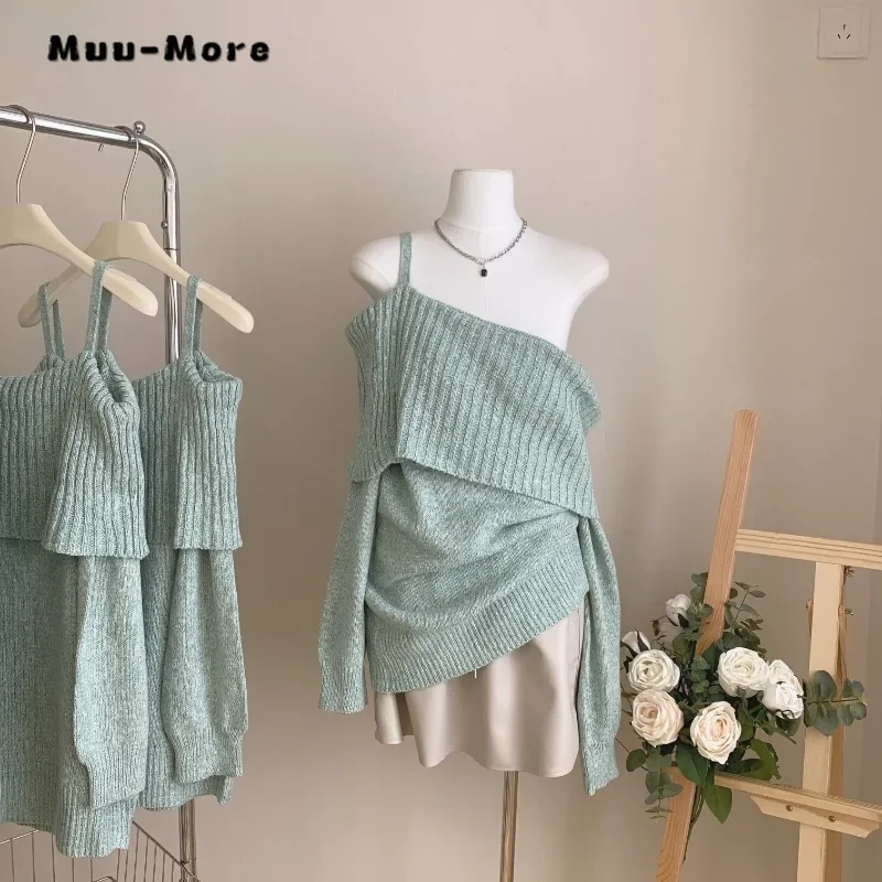 

2023 Winter Hotsweet Casual Suspender Dresses Knitting Long Sleeve Pullovers Women's Solid Color Loose Ladies Sexy Sweater