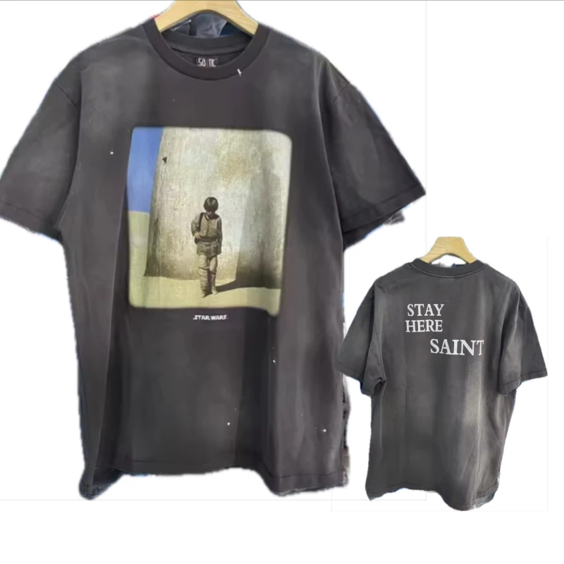 

Summer round neck short sleeve new high street trend hip-hop gothic casual loose comfortable top printed wash retro men's style