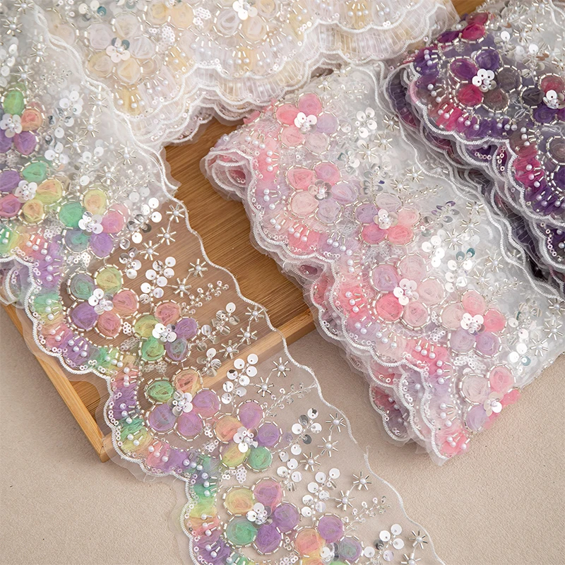 2yards 3D Lace Floral Sequins Beaded Embroidery Lace European Style Trim Decorative Ribbon for Garment Sewing Accessories