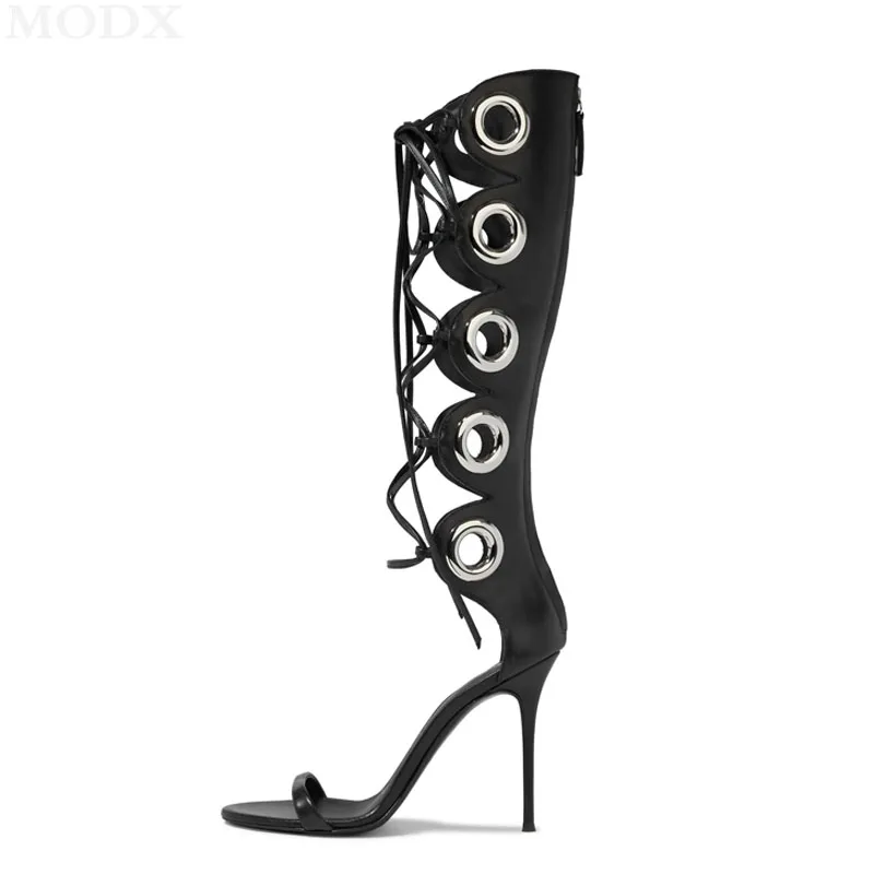 Cross-tie Summer Knee High Boots Ladies Sliver Ring Sexy Open Toe Hollow Out Stiletto Sandals Fashion Runway Shoes Botas Mujer