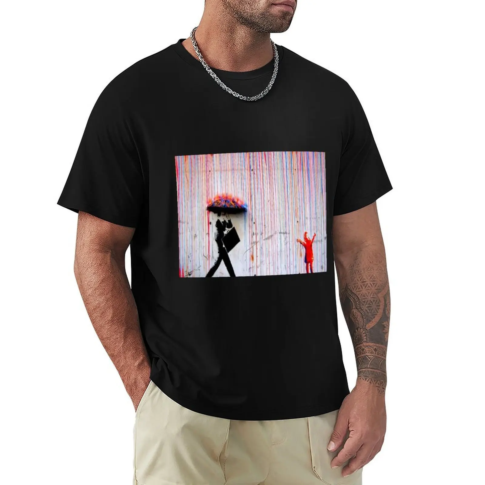 

Banksy Rainbow Rain T-Shirt Utility Work Short Sleeve Top