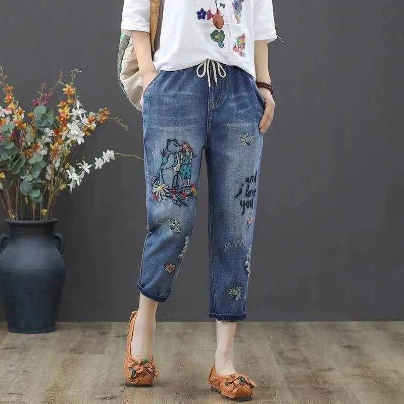 Women Jeans Pants Summer Vintage Floral Embroidery Casual High Waist Baggy Jeans Femme Light Blue Denim Harem Pants