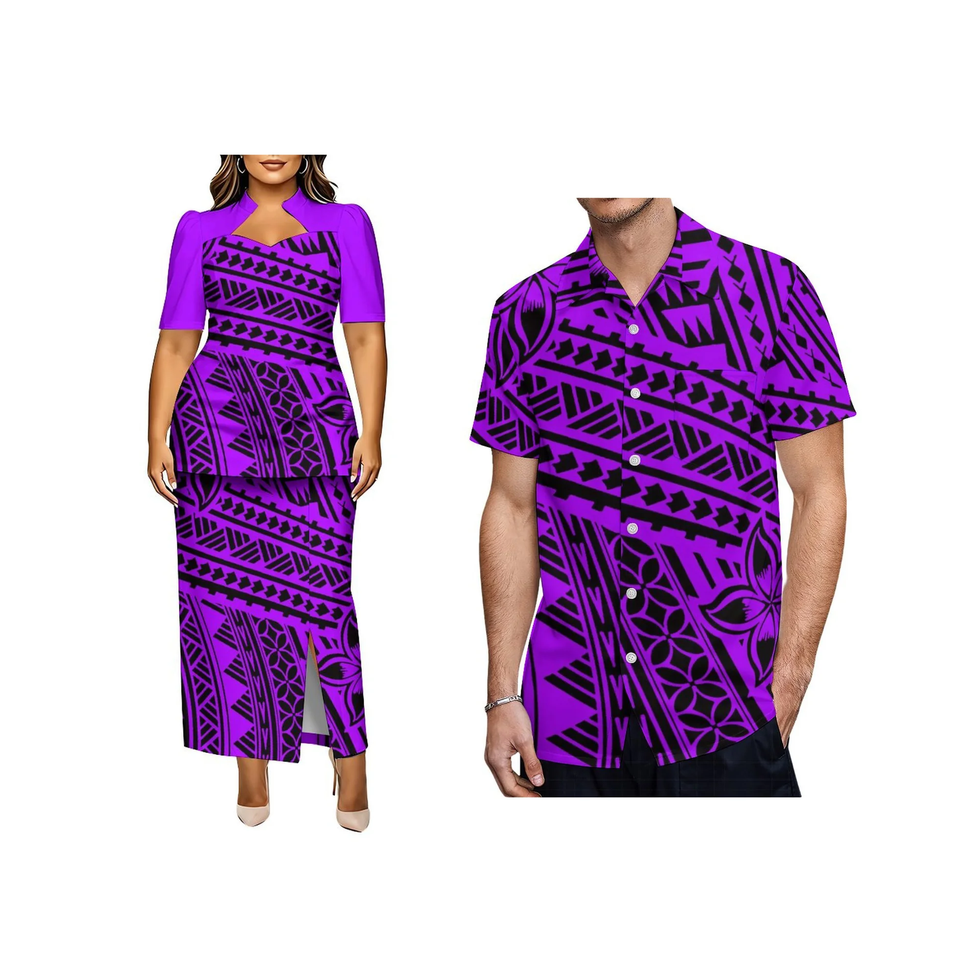 Polynesian Tribal Leaf Geometric Print Women Puletasi 2 Piece Set Stand Collar Keyhole Top Slit Long Skirt Outfit
