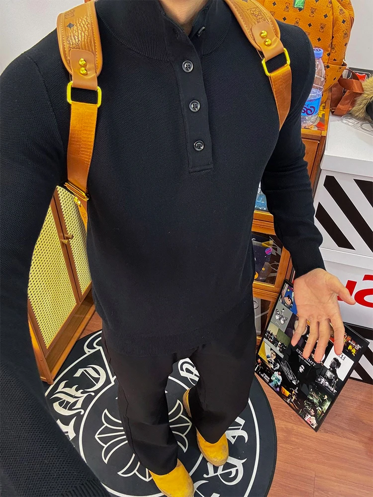 

Мужской вязаный свитер с высоким воротником, длинными рукавами, свободного кроя, теплый, модный, с пуговицами, новинка