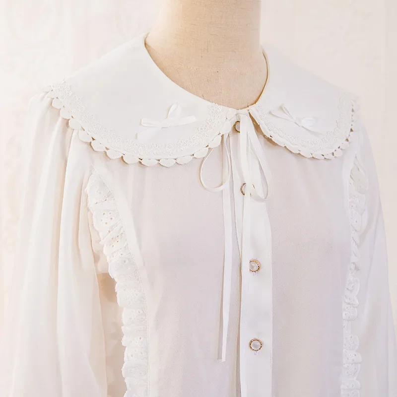 Large Lantern Sleeve Lolita Inner Blouse Women 2024 Spring Summer Sweet Doll Collar Loose Ruffled Single-Breasted White Shirt