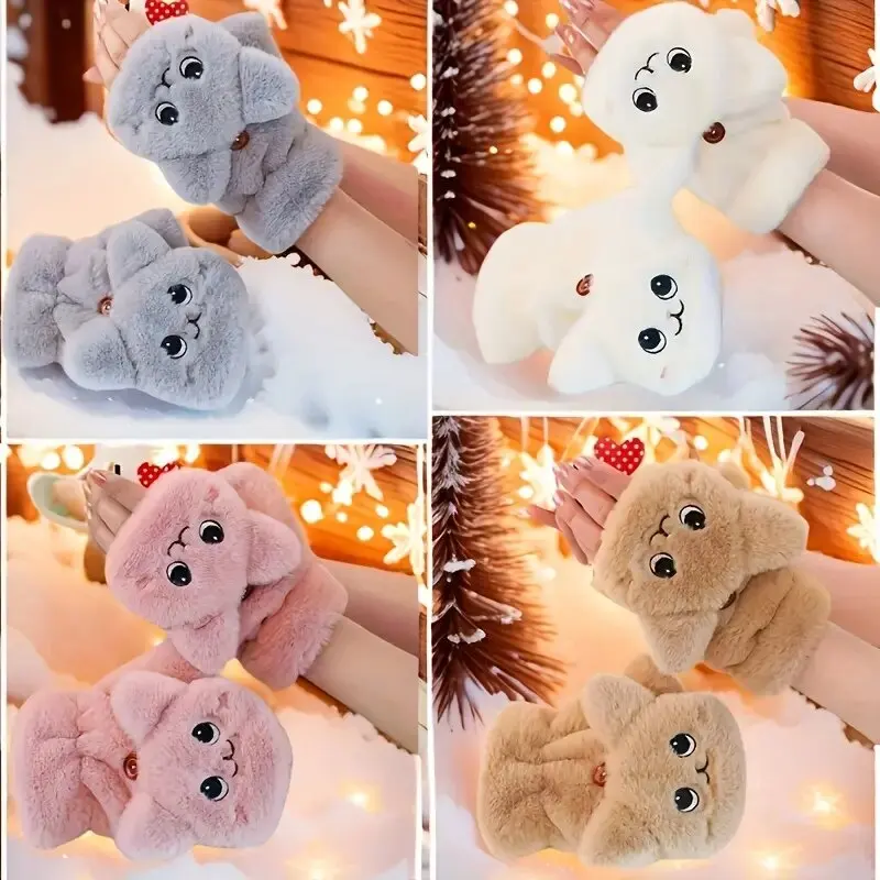 Hochklappbare Plüschhandschuhe für Damen im Winter, warme Stickerei, niedliches Kaninchen, keine Fingerhandschuhe, weiche, hautfreundliche, kältebeständige Handschuhe