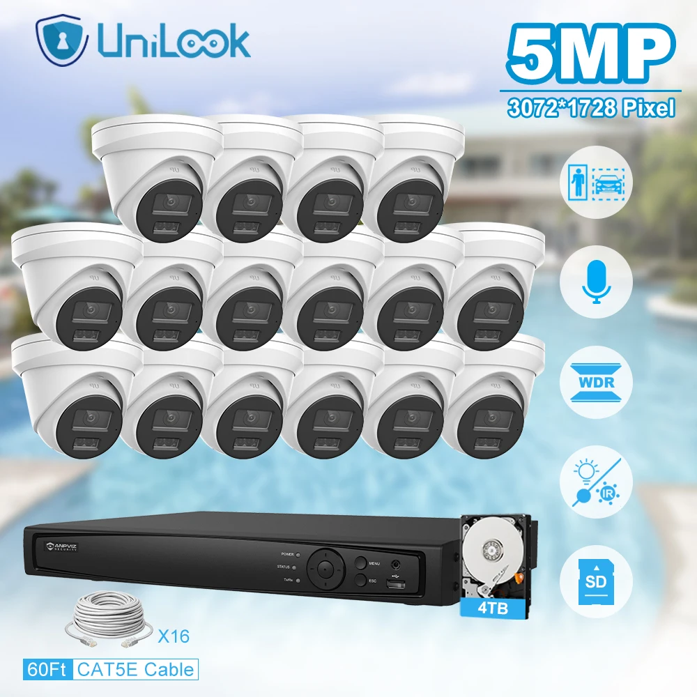 

Unilook Security Protection 5MP Mini IP Camera System Kit 16pcs IP Camera Indoor 16CH 4K NVR CCTV Security System P2P View IP66