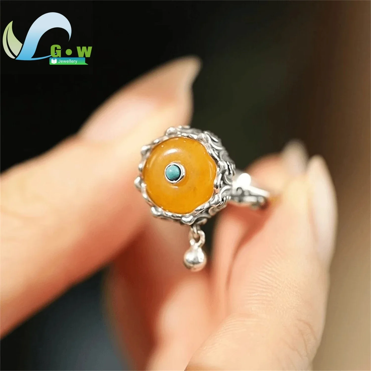 Rotatable Open Ring for Women Adjustable Amber 925 Sterling Silver Vintage Unique Fashion Jewelry Gift Minimalist Elegant Daily