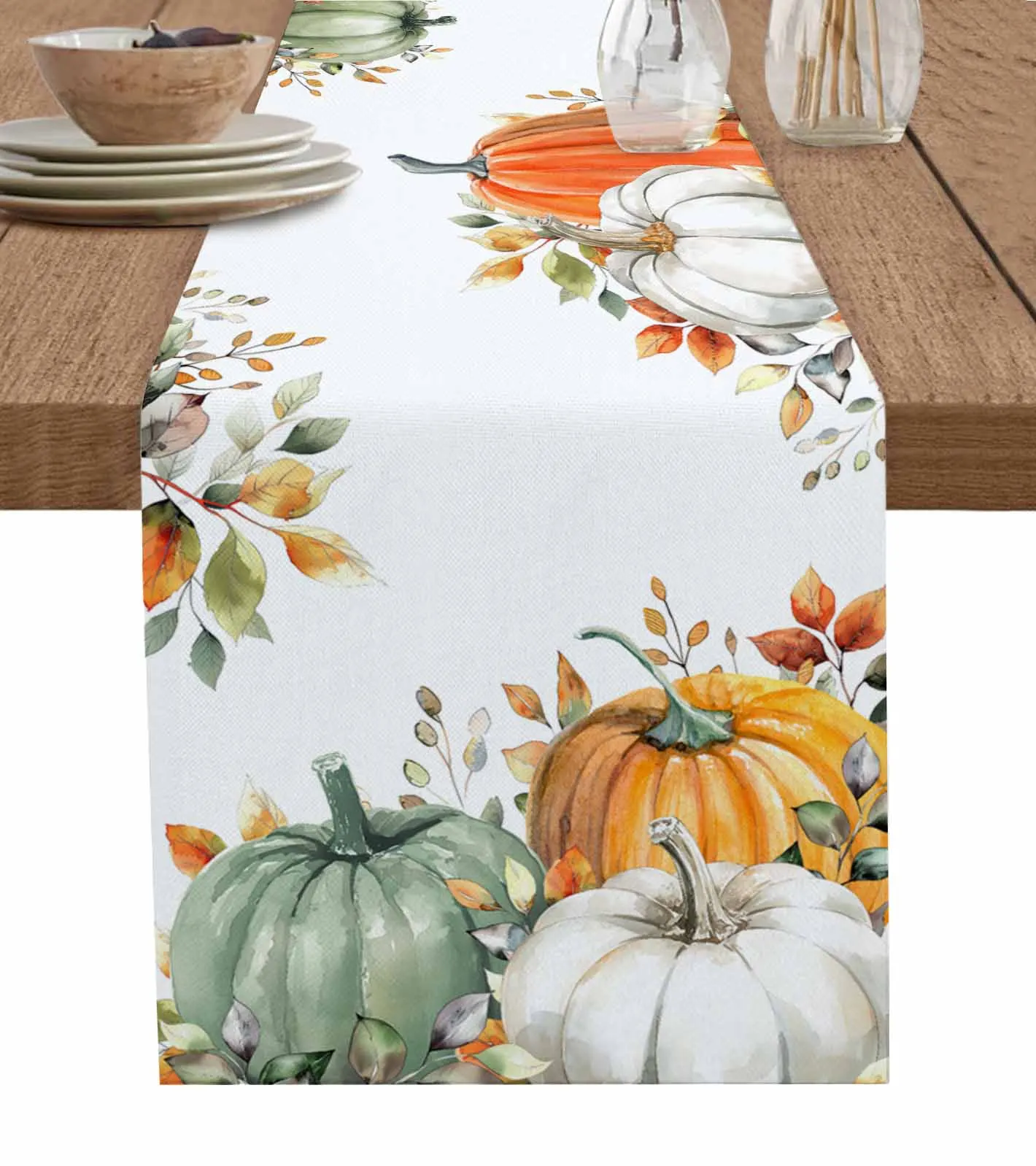 

Autumn Eucalyptus Leaves Pumpkin Table Runner Wedding Decor Table Runner Holiday Dining Table Decor Linen Tablecloth