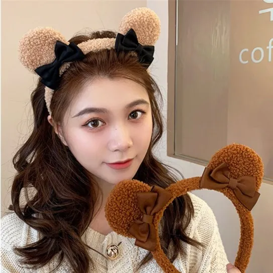 Fluffy Cute Bear Ears Bow Headband for Girls Spa Face cleaning Hairband Hair Hoops Plush Hairbands for Women Hair Accessories