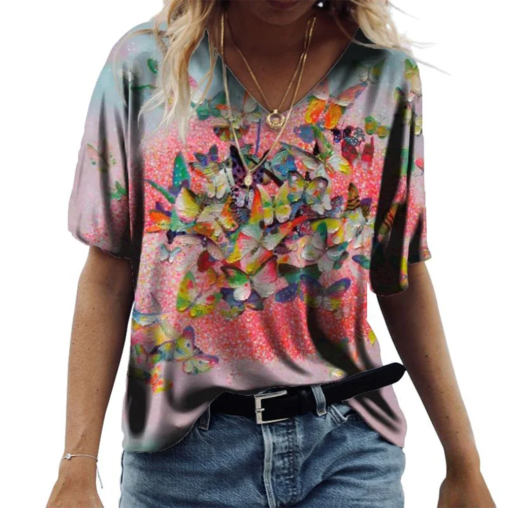 Camisetas con cuello en V para mujer, camisetas con estampado de moda de verano, camisetas con gráficos rosas Y2k Harajuku, camiseta de gran tamaño, ropa informal para mujer