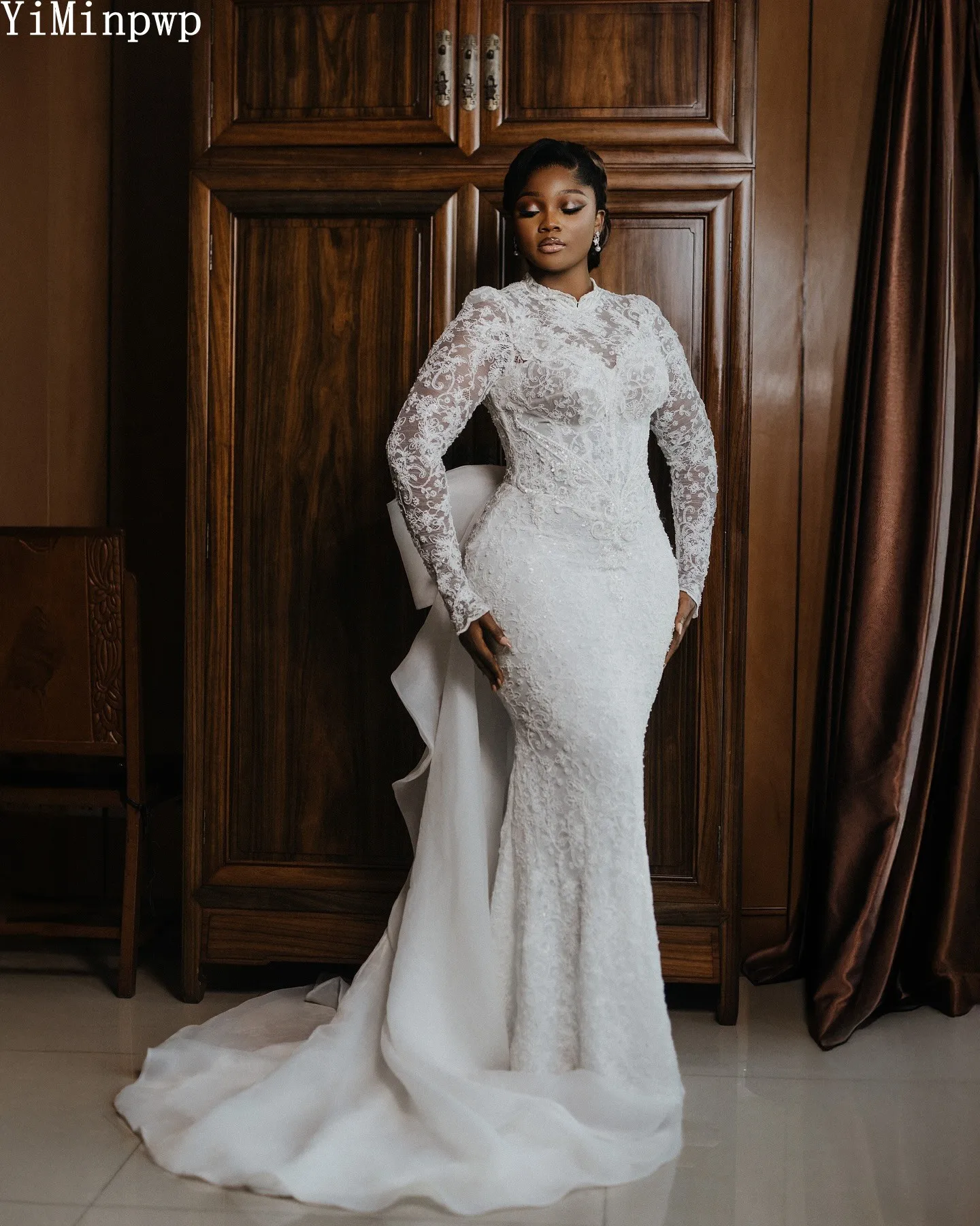 Lace Mermaid Wedding Dresses for Bride Long Sleeves Sweep Train Big Bow Beads Africa Garden Bridal Reception Gowns Customized