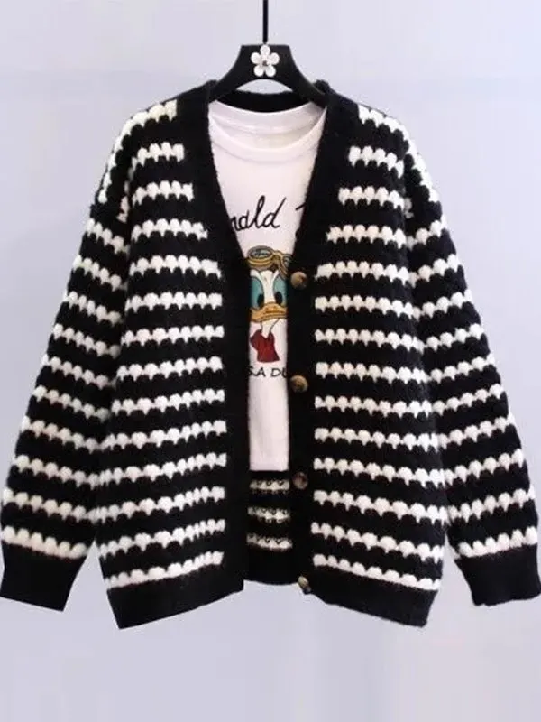 Ladies Loose Knitted V-Neck Sweater Striped Open Cardigan Spring Autumn New Style Casual Color Block Long Sleeve Coat