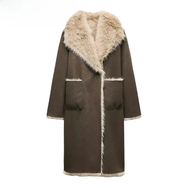 

Autumn Winter New Women's Long Sve Double Front Design Flip Collar Double Sided Wear Long Coat Jaet Street Sle Co...