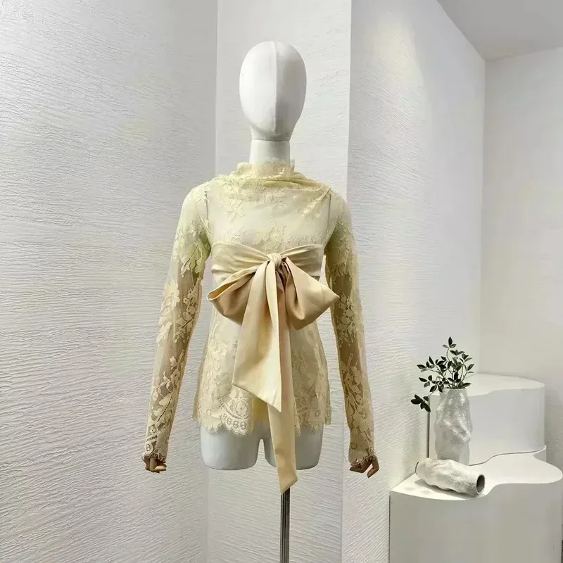 Nuevo Blusa Vintage de encaje con lazo ceñido al cuerpo de manga larga sin espalda transparente para mujer Topsparty