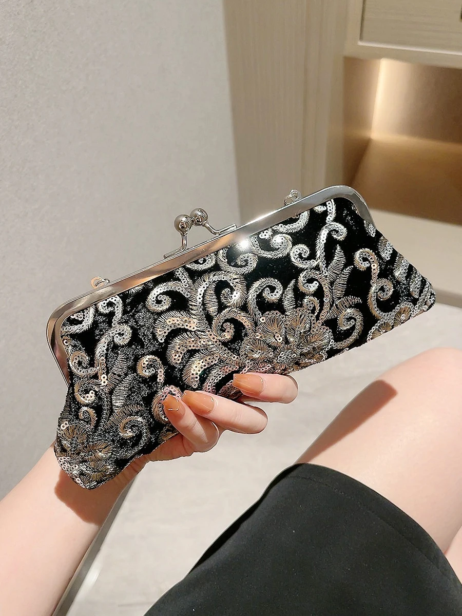 Velvet Cheongsam Bag Bridal Vintage Dinner Handbag Prom Cocktail Party Evening Clutch Embroidered Chain Purse