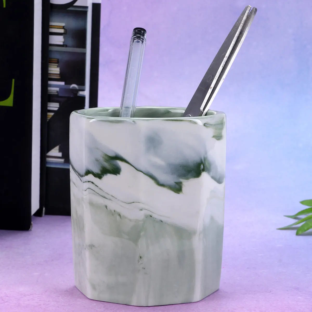 

1Pcs Marble Grain Pen Container Ceramic Octagonal Pencil Holder Makeup Brush Organizer Brush Holder Large Capacity