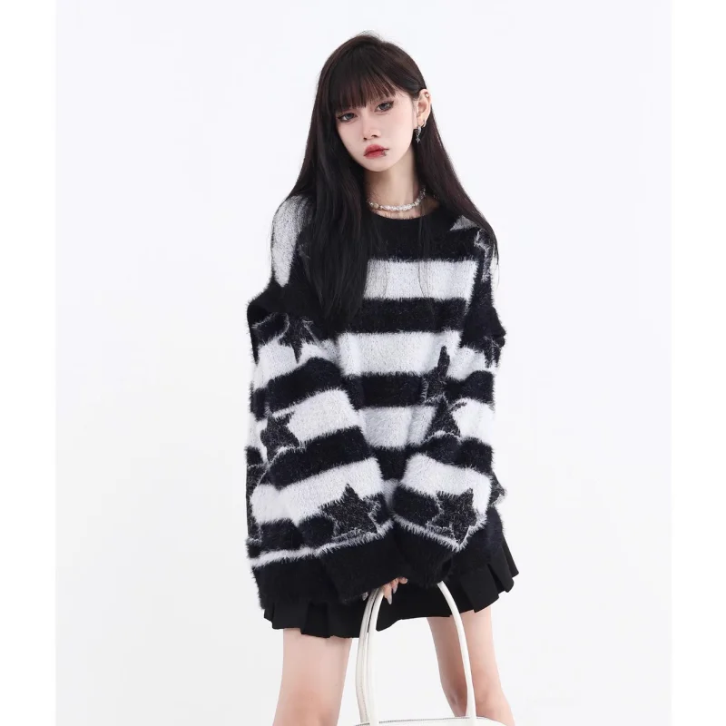 Black Women Clothing Knitting Sweater Long Sleeves Vintage Pullover Round Neck Cashmere Pink Korean Fashion Female Spring Tops