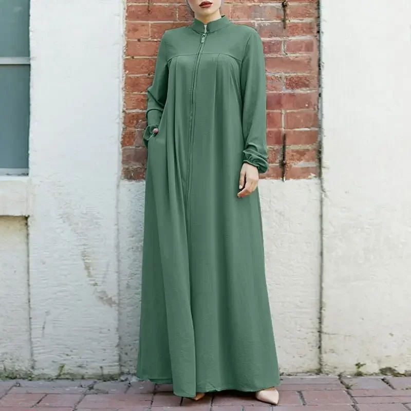 Muslim Abaya with Zipper Front Dubai Jalabiya Dress Long Sleeve Casual Stand Collar Kaftan Dresses Ramadan Eid Abayas for Women