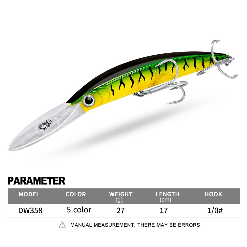 

PROBEROS 1pcs Fishing Lure 17cm 27g Hard Plastic Minnow Lures 10 Color Crankbait Fishing Baits 1/0# Treble hook dw358