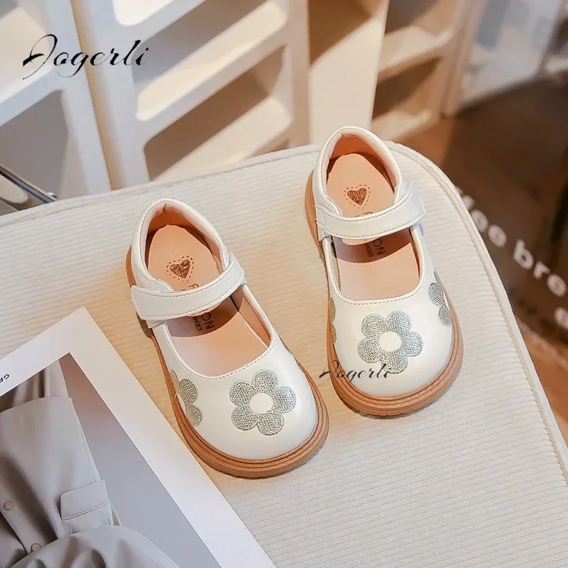 Spring Autumn New Girls PU Leather Shoes Little Kids Fashion Princess Flats Korean Embroidered Flower Leisure Baby Footwear