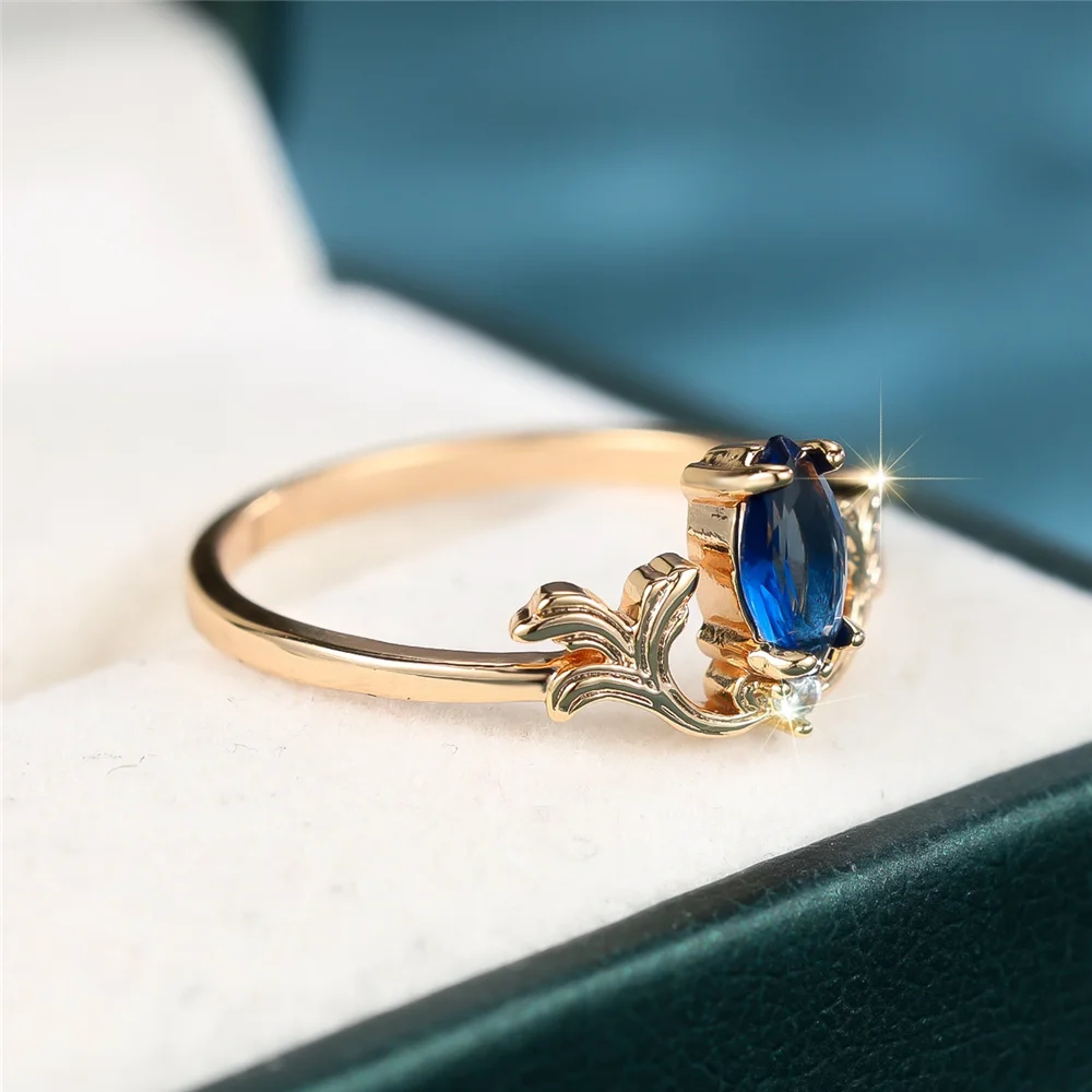 Cute Female Blue Zircon Stone Ring Gold Color Wedding Jewelry Promise Engagement Rings For Women