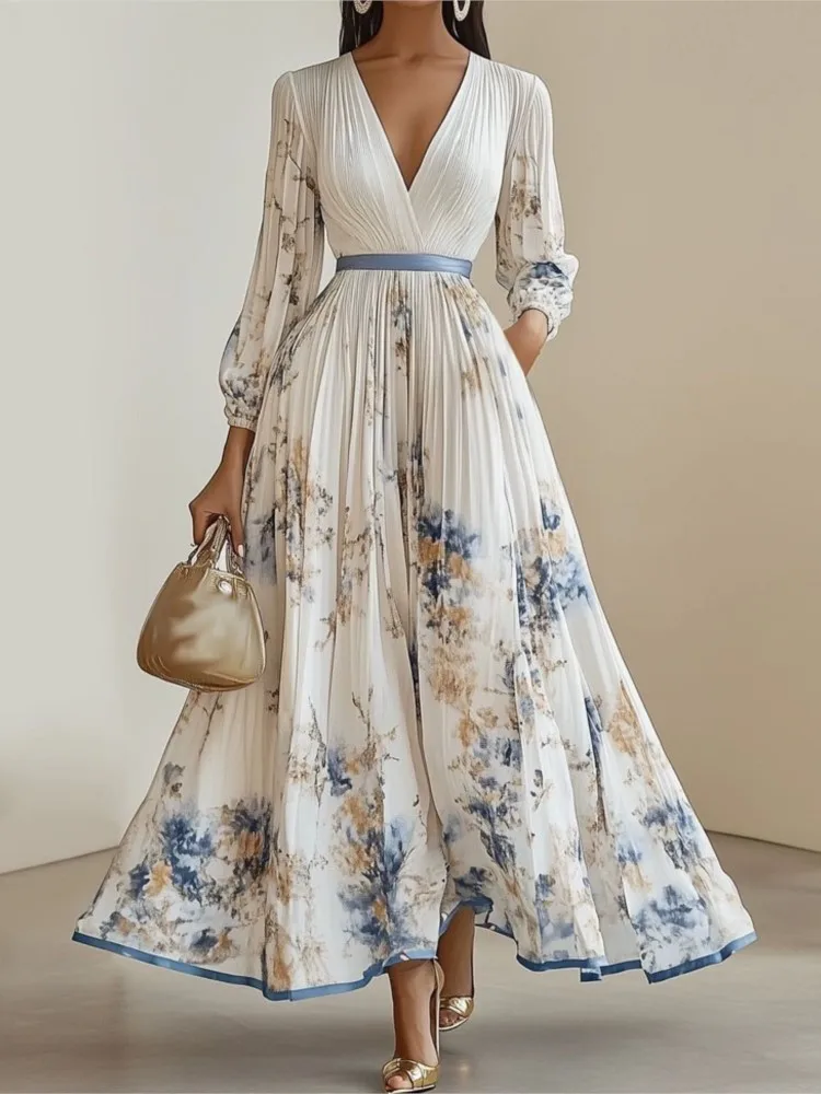 Элегантное платье с принтом для женщин, модное свободное платье с длинным рукавом и v-образным вырезом, высокой талией, на шнуровке, Robe Femme, праздничная одежда для вечеринок, новинка Элегантное платье с принтом для женщин, модное свободное платье с длинным рукавом и v-образным вырезом, высокой талией, на шнуровке, Robe Femme, праздничная одежда для вечеринок, новинка