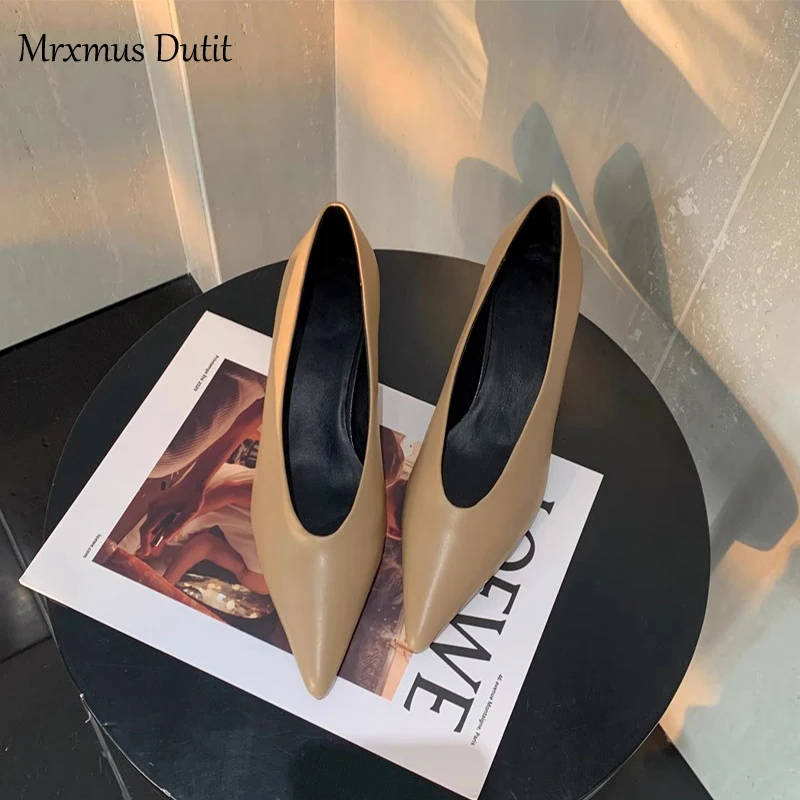 Mrxmus Dutit 2023 Spring Autumn Fashion Asakuchi Pointed Mid Heel Shoes Stiletto All-match Solid Color Simple Work Shoes Women