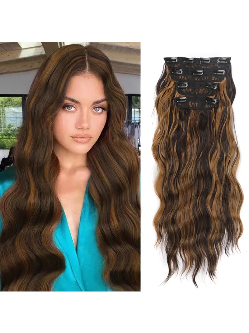 

Wig 4-piece set, clip, hair curling 4-piece set, foreign trade curly hair wig, water ripple wig