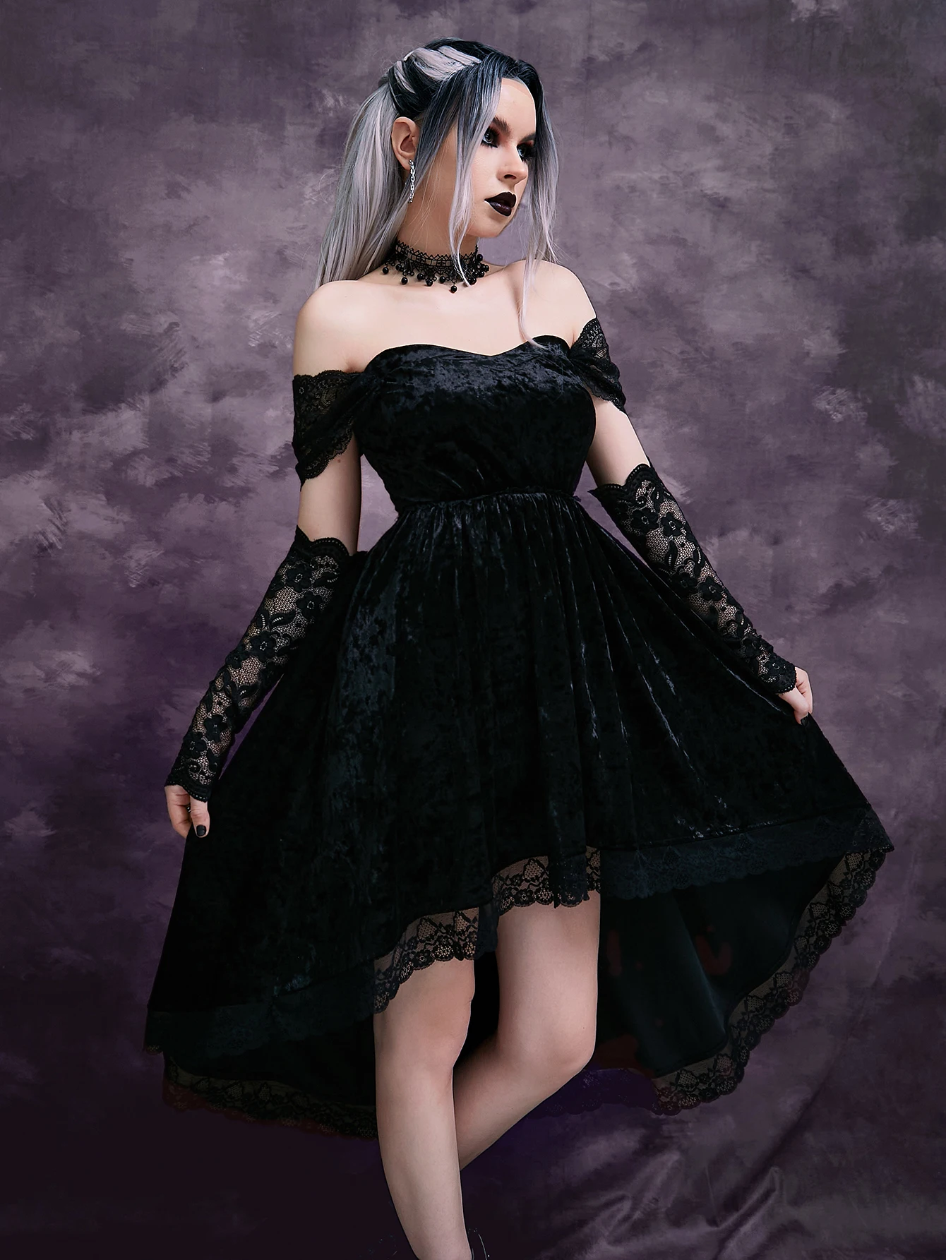 Gedurfde Schaduw Fluwelen Elegante Off Shoulder Gothic Jurken Grunge Esthetische Kant Rand Aline Avond Outfits Vrouwen Sexy Slanke Alt Jurk