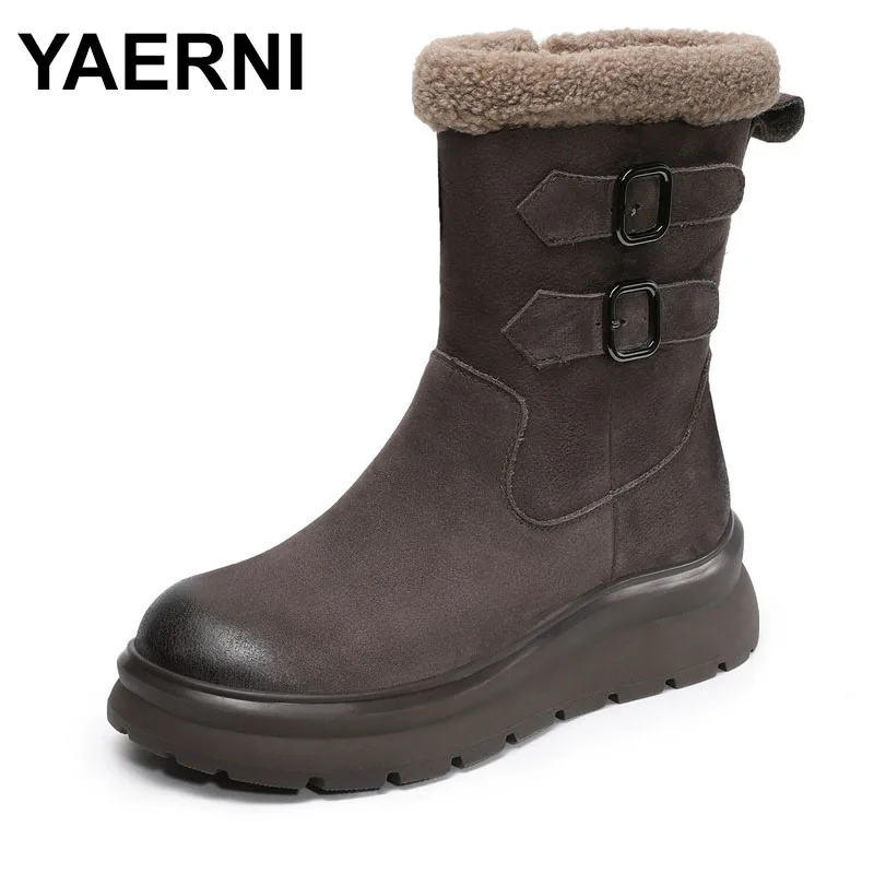 

Shearling Lined Women's Mid-calf Combat Zip-up Wedge Heels Genuine Leather Slip-resistant Platform Snow Boots