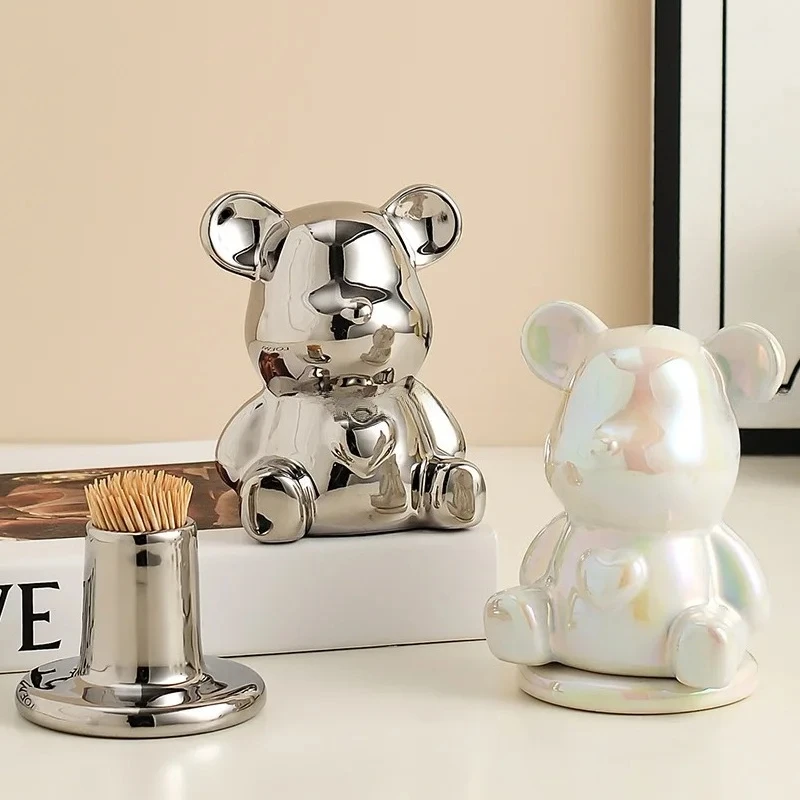 Bear Ceramic Toothpick Holder High-End Light Luxury Creative Storage for Toothpicks Dental Floss Cotton Swabs Home Use