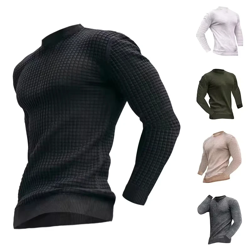 

Men's Casual Knitted Long Sleeve Pullovers Round Collar Solid Plaid Spring Autumn Tops Sweatshirts Cotton T-shirt for Men