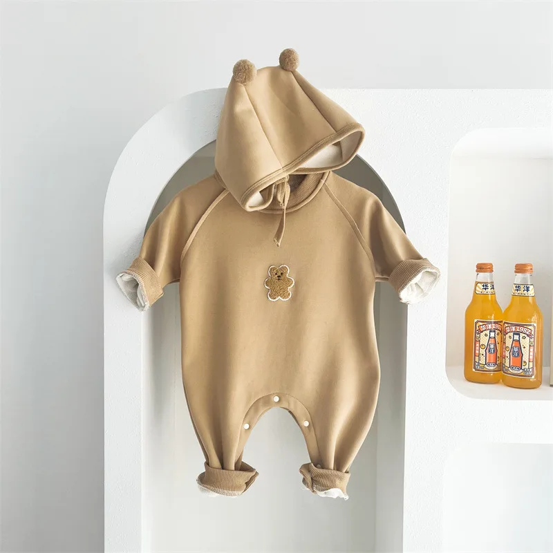 2024 Autumn Winter Baby Romper Hat Toddler Outfit Set Cute Bear Korean Kids Jumpsuits for Girls Boys Clothes Fashion Infant Suit