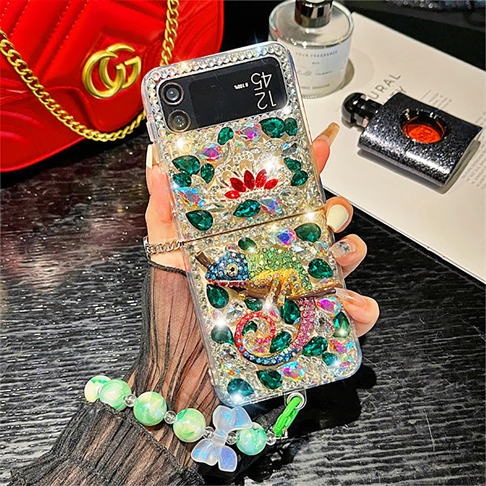 Phone Case for Samsung Galaxy Z Flip 5 4 ZFlip3 Z Fold 5 Rhinestone Gem Cover Luxury Color Chameleon Glitter Diamond Bead Chain