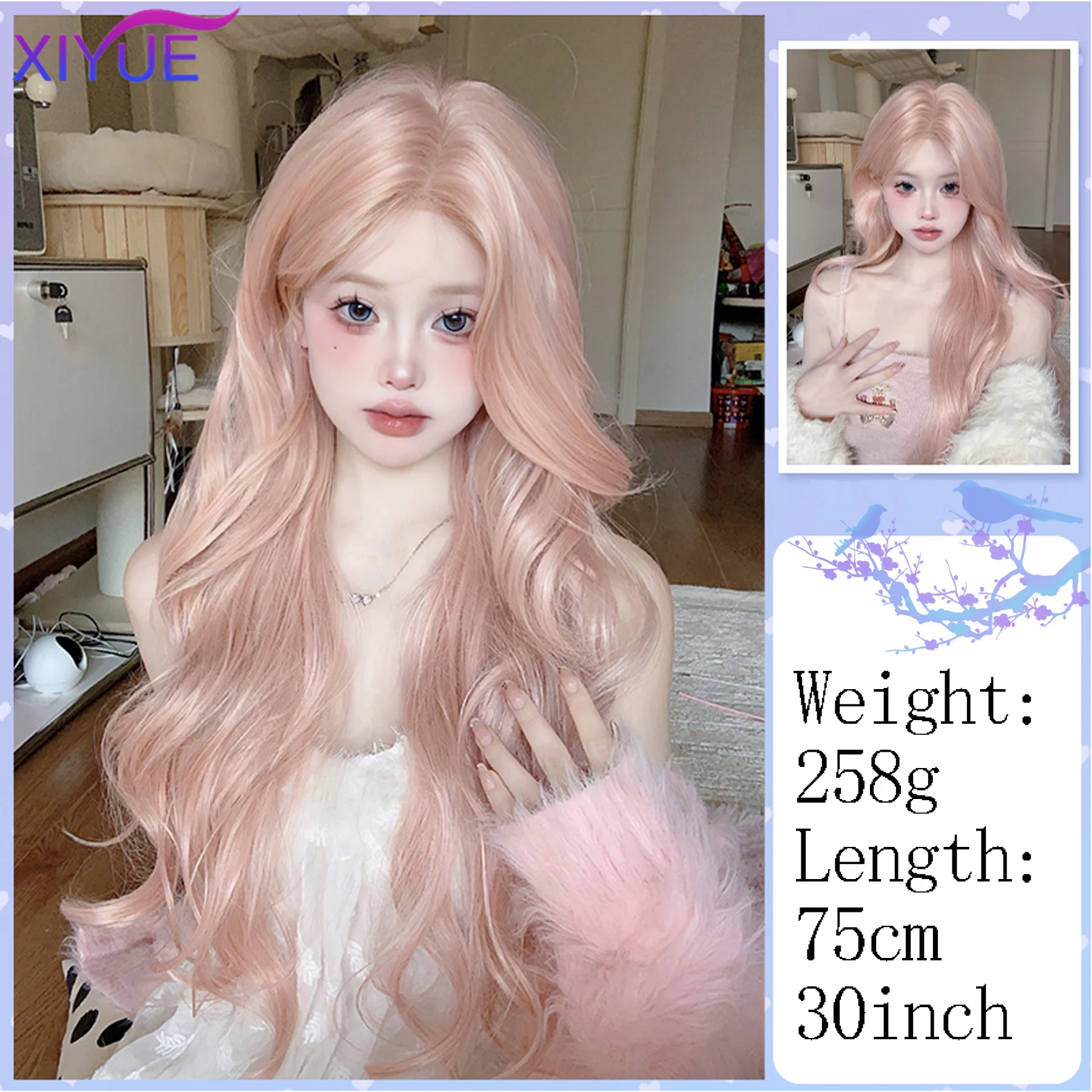 XIYUE-Perruque Synthétique Longue Ondulée avec Frange pour Femme, Cheveux Naturels, Rose Clair, Cosplay Lolita, Degré de Chaleur