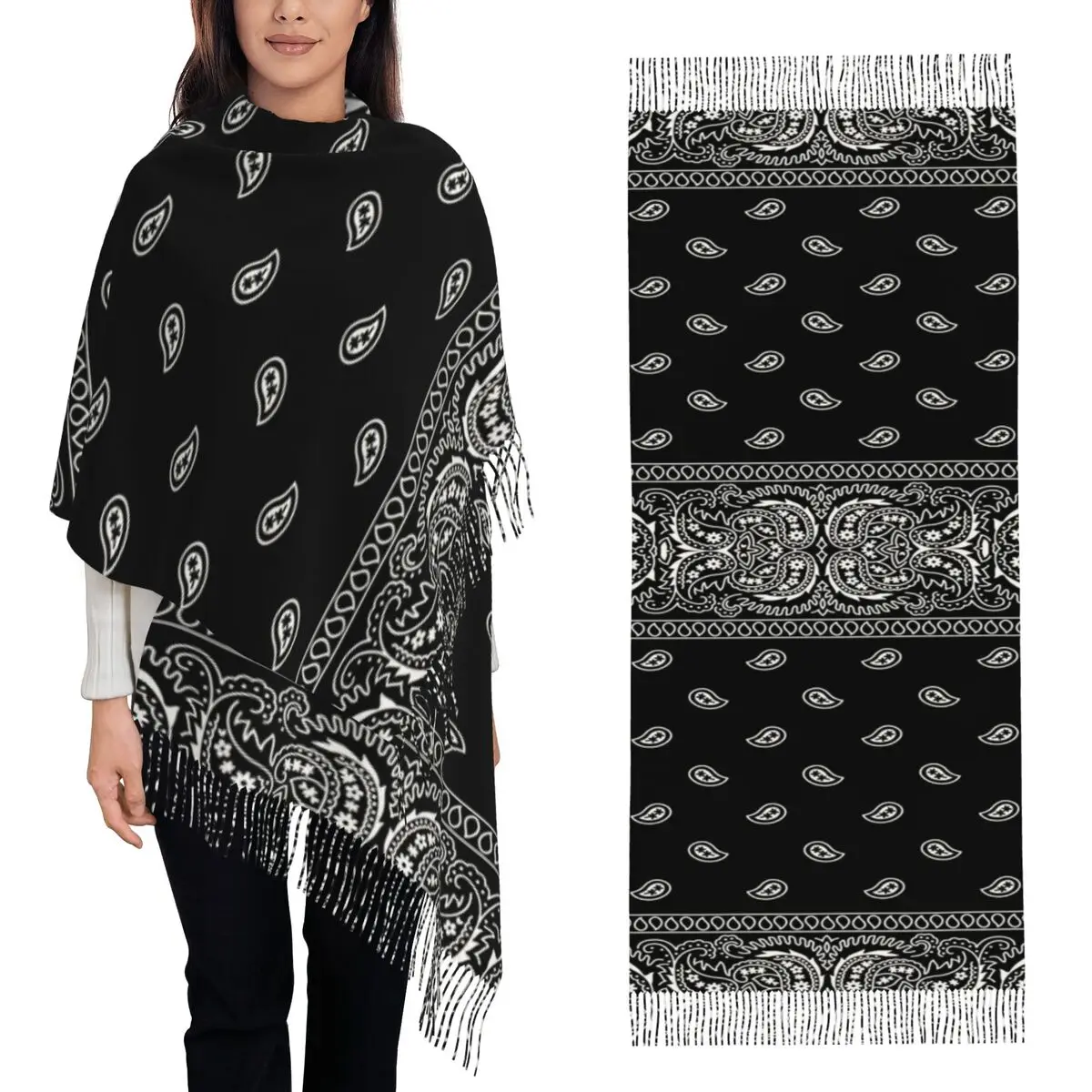 

Красочный шарф с черным узором пейсли, шарфы с кисточками, женские мягкие теплые шали и накидки, большая осенне-зимняя шаль