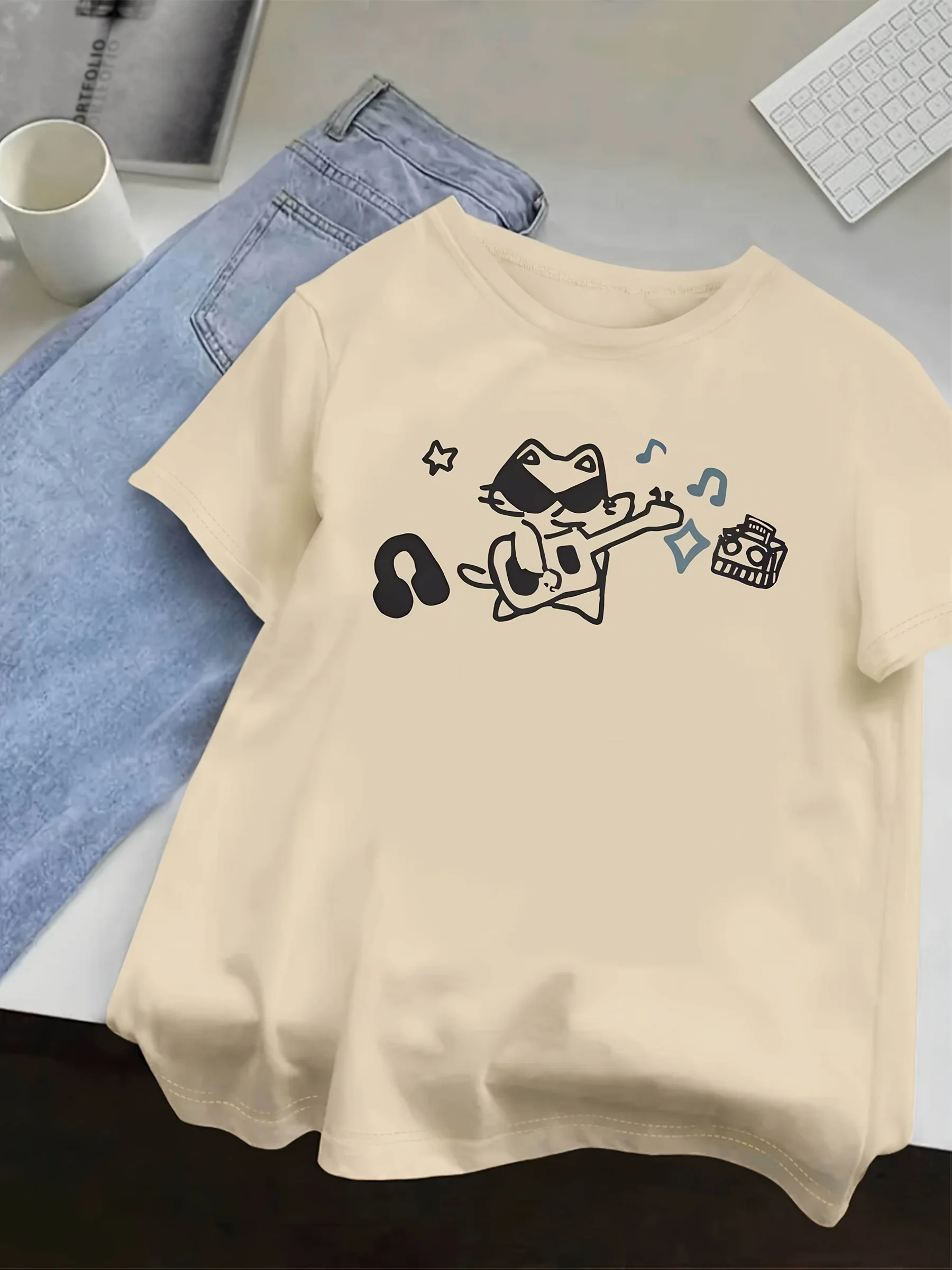 Camiseta de manga corta informal con cuello redondo para mujer ropa de calle Harajuku camisetas de moda con bonito gato tocand