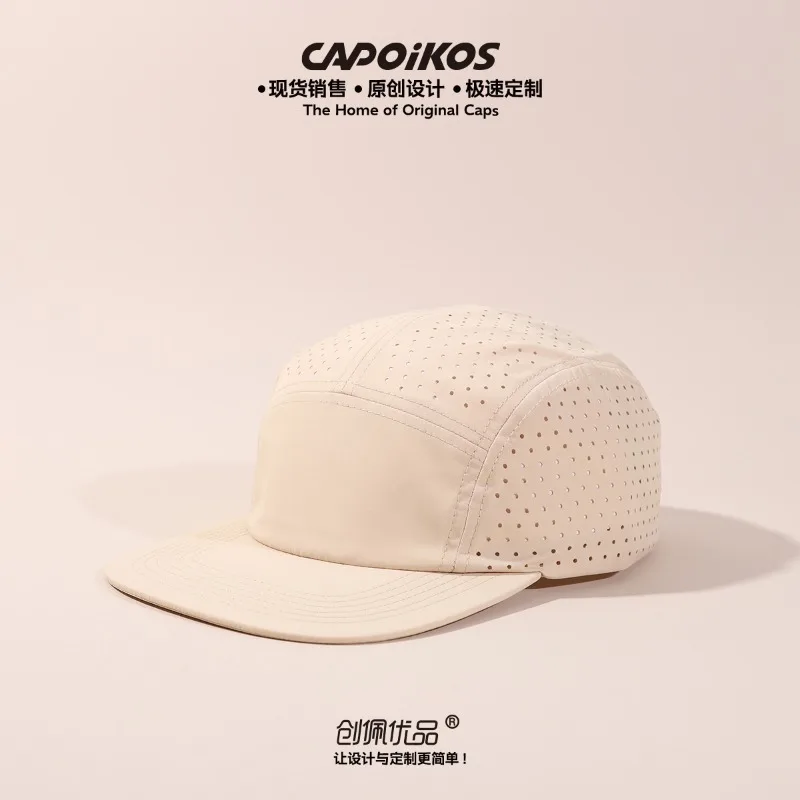 Angepasstes Logo, einfarbig, fünf Panel, schnell trocknende Baseballkappe, atmungsaktive Mesh-Mesh-Camping-Sport-Skateboard-Kappe für Herren und Damen – Detail 3