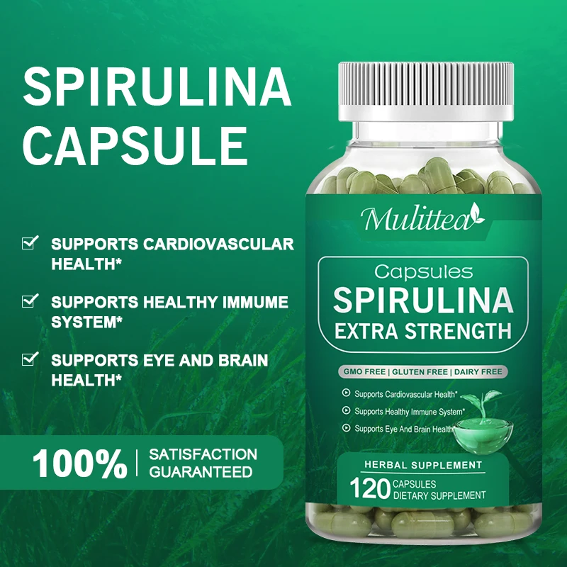 Mulittea cápsulas de espirulina de alta pureza, supercomida verde, soporte para el corazón, salud Cardiovascular para los ojos y el cerebro