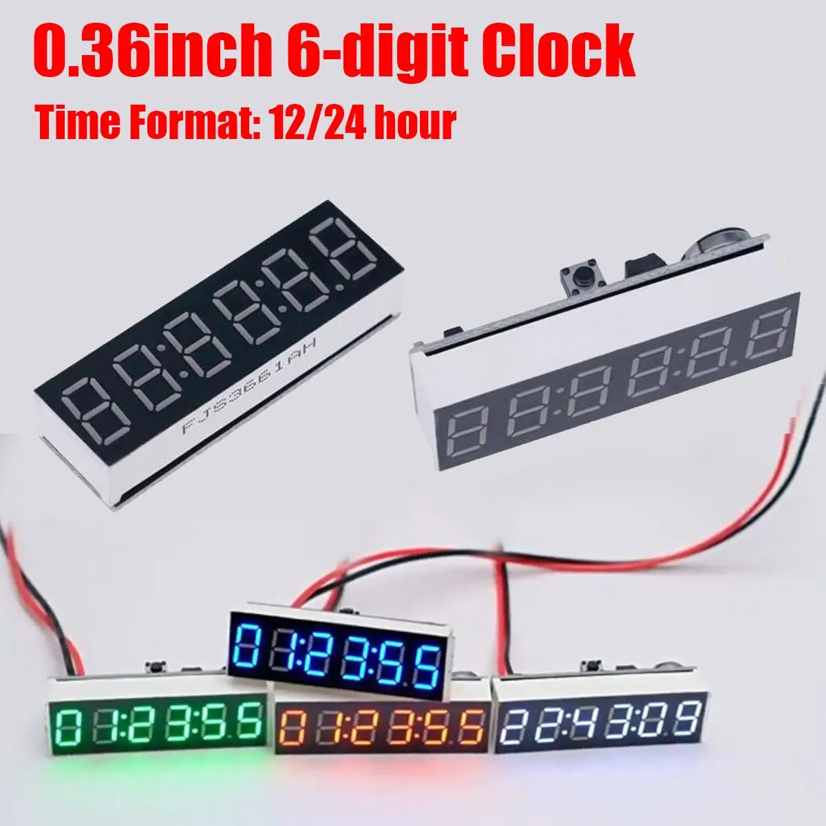 0.36 Inch 6-Digit LED Digital Clock With Seconds - Electronic Time 12/24H Format Power Off Memory For Car DC 12V 5V Power Supply