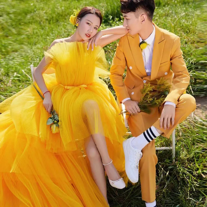 Colorful Chiffon Strapless Cake Dress Wedding Dress Couple's Suspender Puffy Dress Photography Costume Yellow Dress Customized