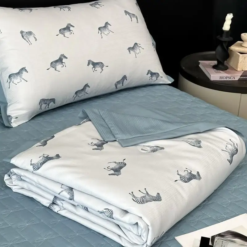 

4Pcs Ice Soft Silk Summer Quilt Set with Sheets Pillowcases, Washable Summer Cool Air Conditioner Thin Blanket Quilt