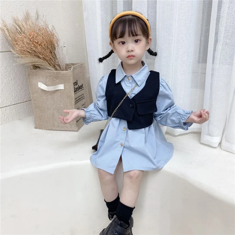 Spring Girls Clothes Set Long Sleeve Shirt Dress+Vest Fashion Korean Children Casual Costumes Suits Autumn Toddler Girl Clothes