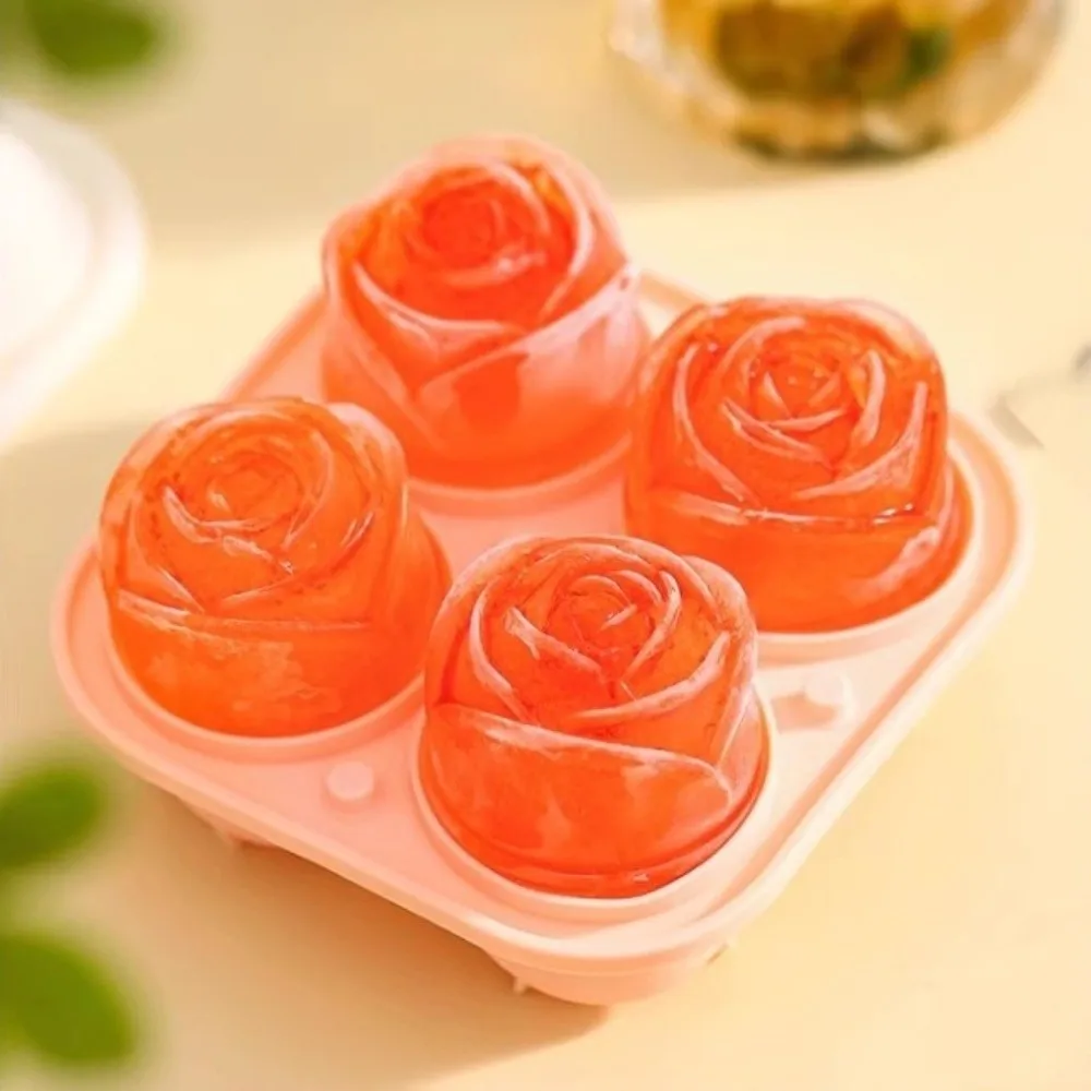 New 3D Rose Silicone Ice Mold 4 Holes Large Size Ice Cube Tray with Lids Easy to Demold Ice Ball Maker Bar Accessories