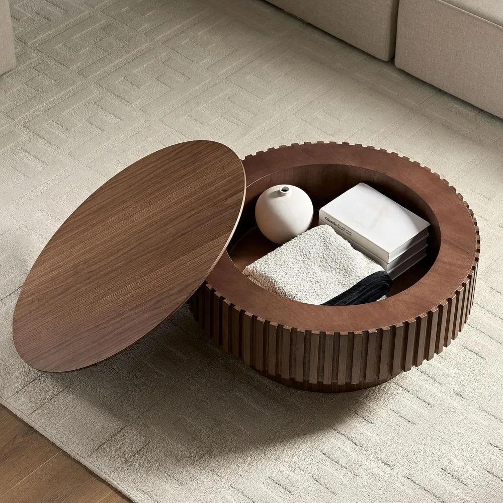 

Round Coffee with Storage, Modern Wooden Coffee with Solid Wood Veneered, Circle Center Accent Tea Table